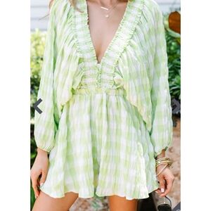 Shein Vneck Oversized Sleeve Gingham Dress Green & White Size M